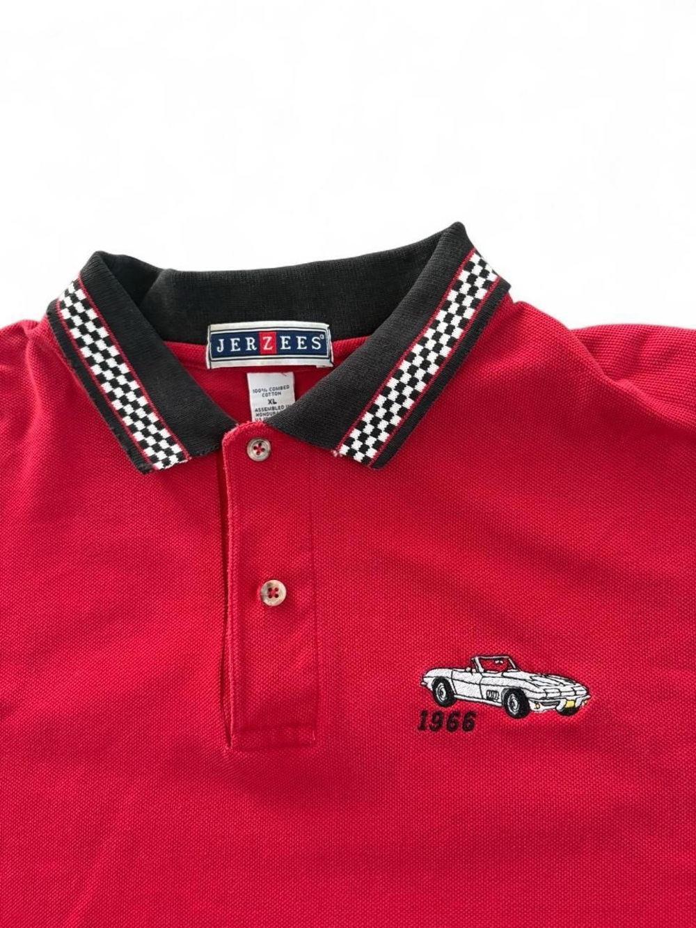 Jerzees Red Polo with Black Checkered Collar and Car Motif